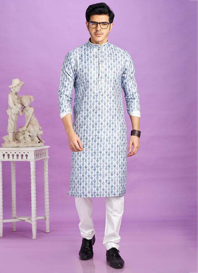 Semi Cotton Blue Traditional Wear Digital Printed Kurta Pajama